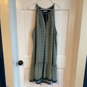 Sophie Max Blue and Green Midi Sundress with Ruffled Hem and Halter Neckline